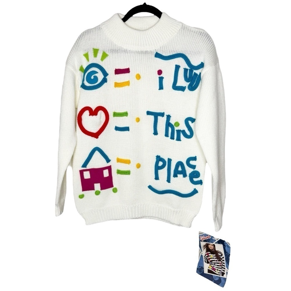 Vintage Gitano 3D Sweater Funky Spell Out Mock Neck‎ Knit White Deadstock Medium
